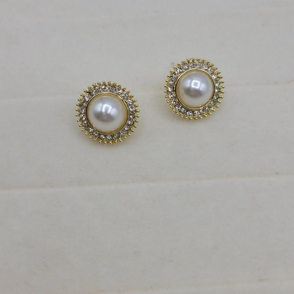 5/$25 Rhinestone Crystal Decorated Faux Pearl Large Stud Post Earrings - Picture 6 of 9